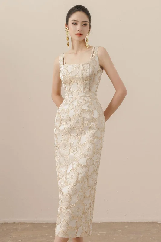 Amara Pegged Sleeveless Brocade Midi Dress