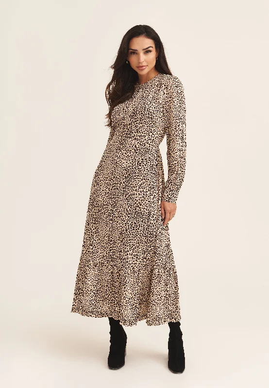 Beige Animal Print Long Sleeve Midaxi Dress