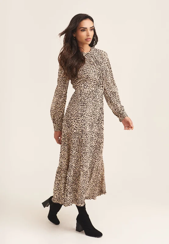 Beige Animal Print Long Sleeve Midaxi Dress