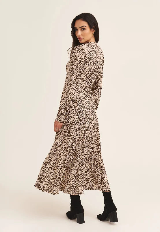 Beige Animal Print Long Sleeve Midaxi Dress