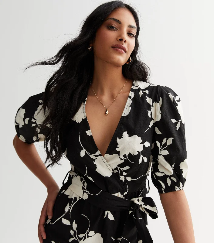 Black Floral Poplin Wrap Tiered Midi Dress