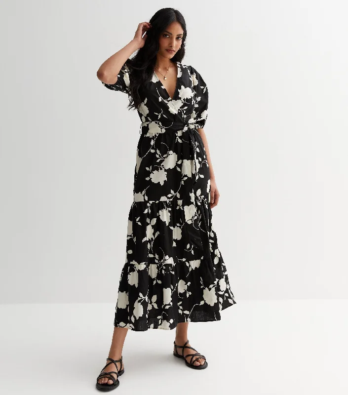 Black Floral Poplin Wrap Tiered Midi Dress