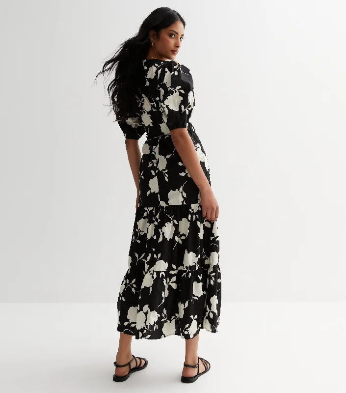 Black Floral Poplin Wrap Tiered Midi Dress