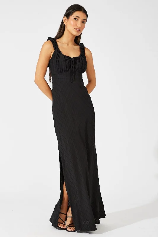 Black Maxi Dress Short Sleeve Ruched Bust