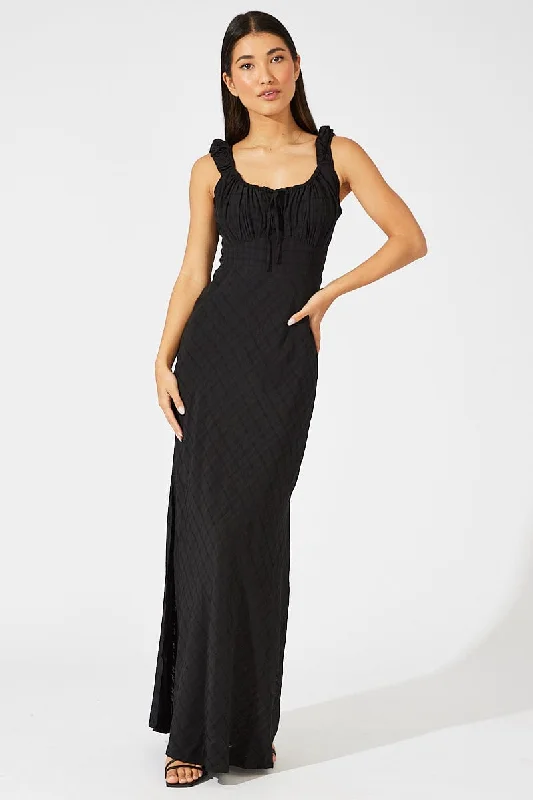 Black Maxi Dress Short Sleeve Ruched Bust