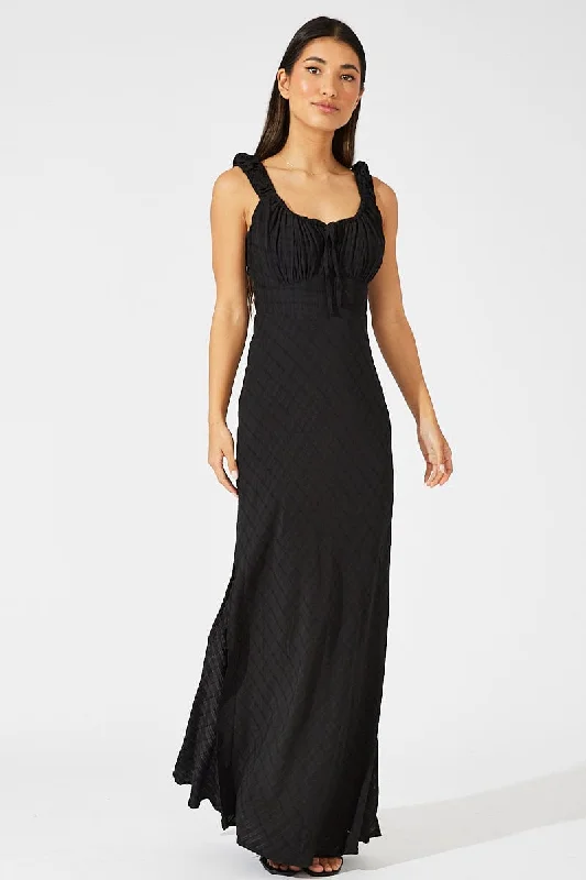 Black Maxi Dress Short Sleeve Ruched Bust