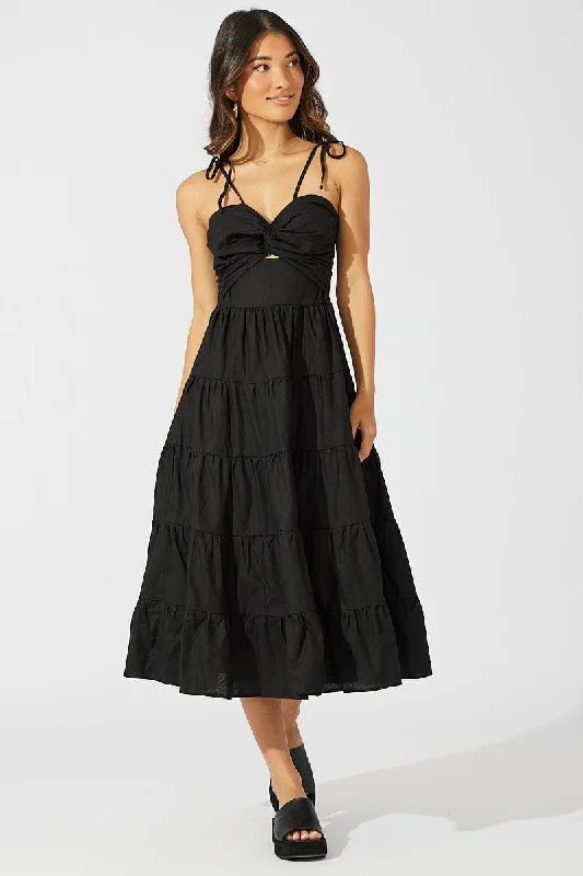 Black Midi Dress Sleeveless Tiered Twist Front