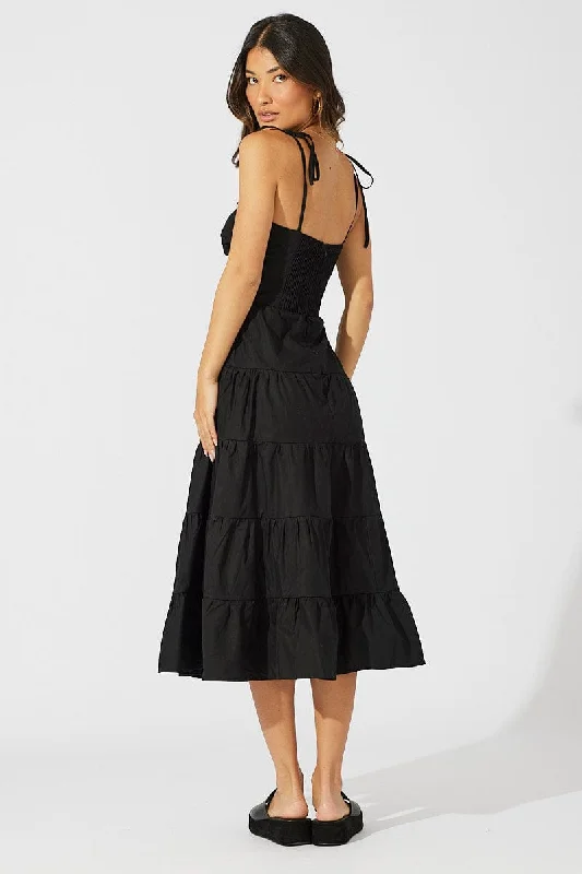 Black Midi Dress Sleeveless Tiered Twist Front