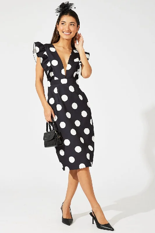 Black Polka Dot Midi Dress Plunge Ruffle Shoulder Oversized Polka