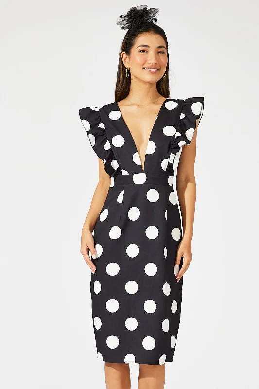 Black Polka Dot Midi Dress Plunge Ruffle Shoulder Oversized Polka