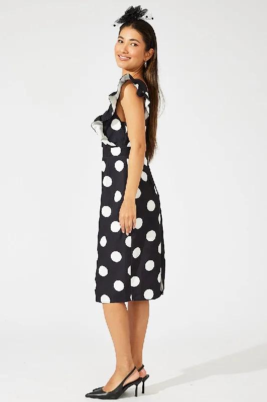 Black Polka Dot Midi Dress Plunge Ruffle Shoulder Oversized Polka