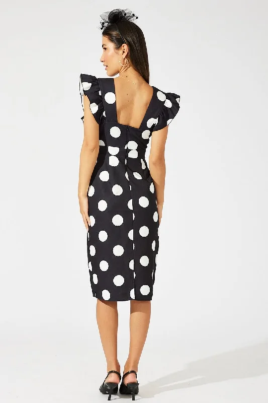 Black Polka Dot Midi Dress Plunge Ruffle Shoulder Oversized Polka