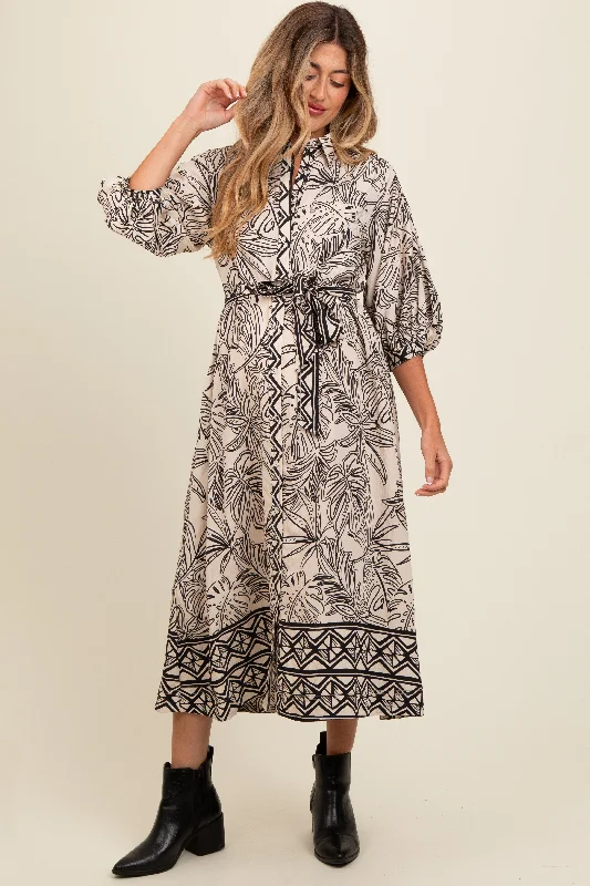 Black Tropical Print Button Down Maternity Shirt Dress