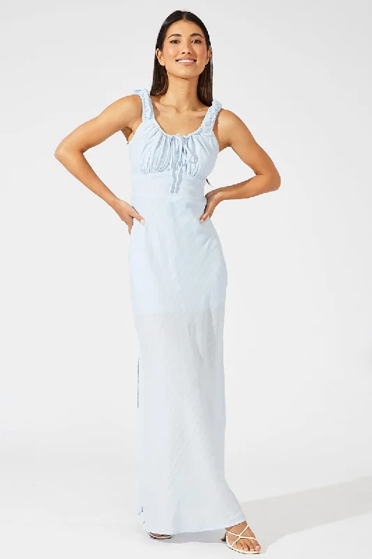 Blue Maxi Dress Short Sleeve Ruched Bust