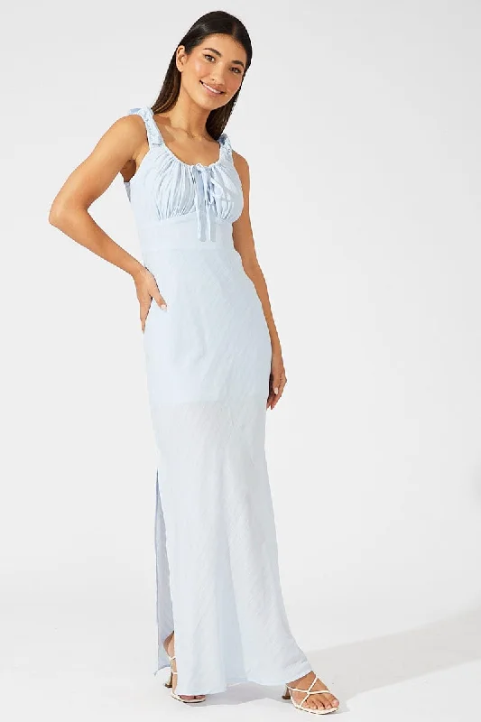 Blue Maxi Dress Short Sleeve Ruched Bust