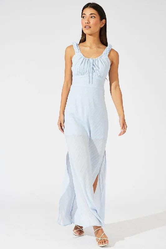 Blue Maxi Dress Short Sleeve Ruched Bust