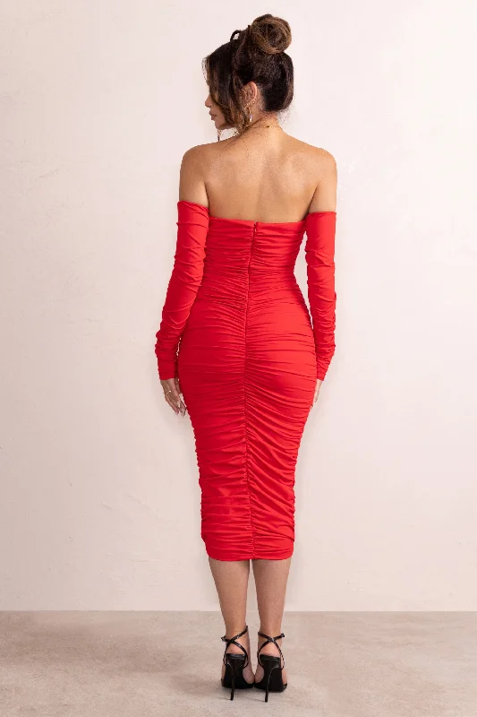 Charlotte | Red Deep Plunge Ruched Long Sleeved Midi Dress