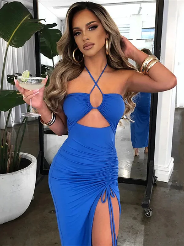 FashionSierra - Bodycon Slit Hollow Out Cross Halter Backless Long Maxi Party Evening Gown Midi Dress