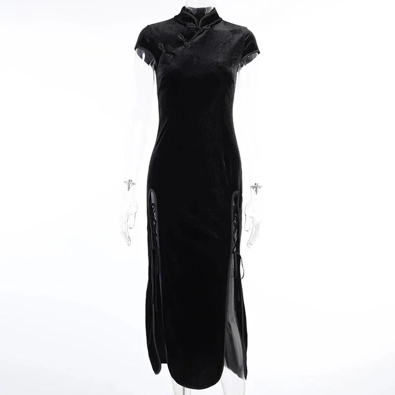 FashionSierra - Gothic Velvet Aesthetic Women Black Bandage SlitHem Bodycon Evening Wear Cheongsam Midi Dress