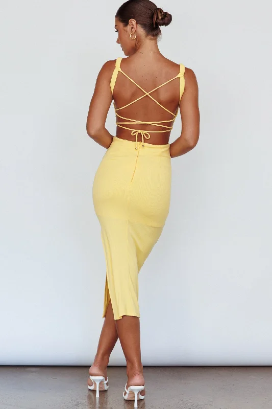 Dream Crush Lace-Up Back Side Split Midi Dress Lemon