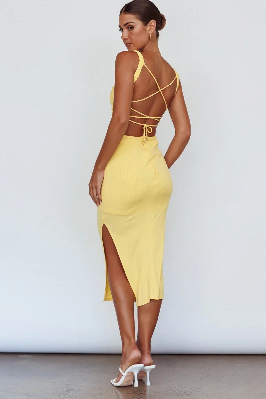 Dream Crush Lace-Up Back Side Split Midi Dress Lemon