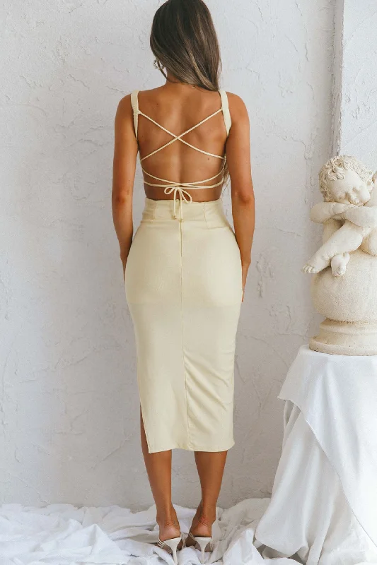 Dream Crush Lace-Up Back Side Split Midi Dress Lemon