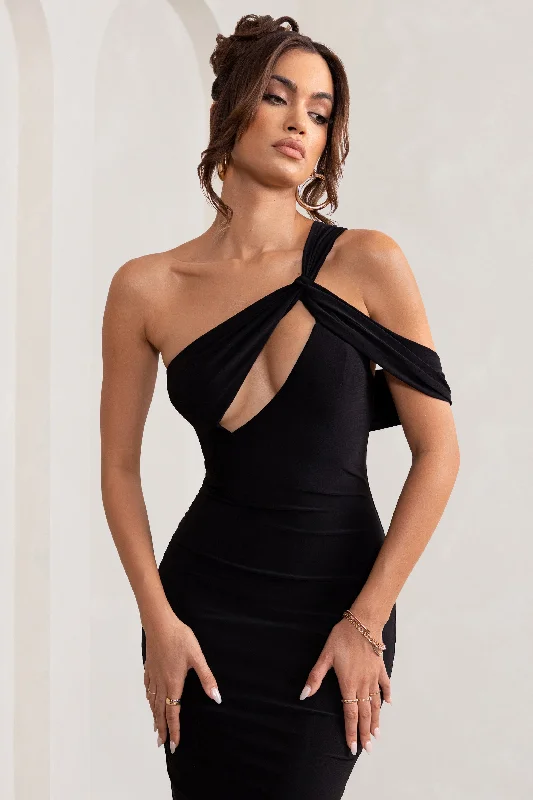 Ella | Black Asymmetric Neck Cut Out Midi Dress