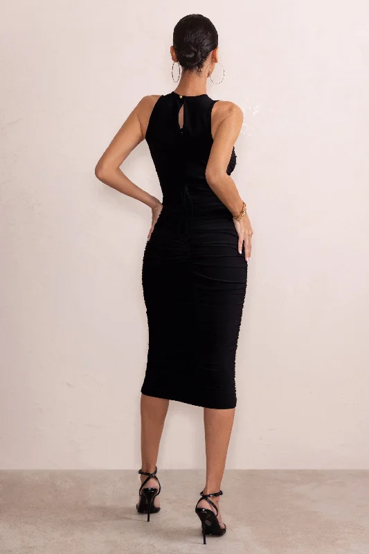 Enya | Black High Neck Cut Out Multi Strap Mesh Midi Dress