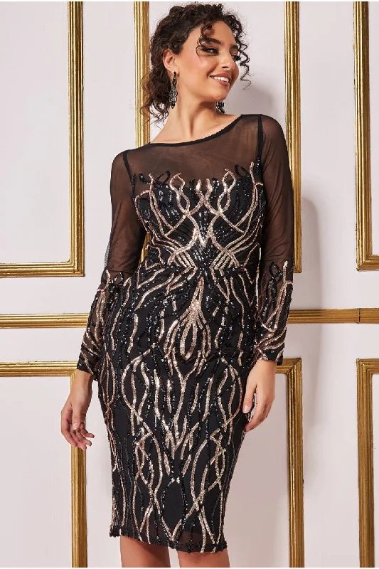 Goddiva Long Sleeve Sequin Flame Midi Dress - Black