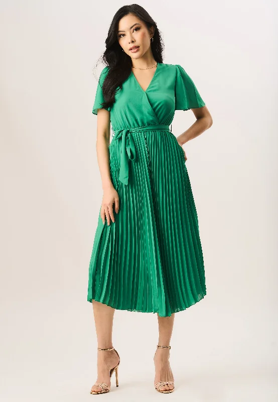 Green Angel Sleeves Pleated Midi Wrap Dress