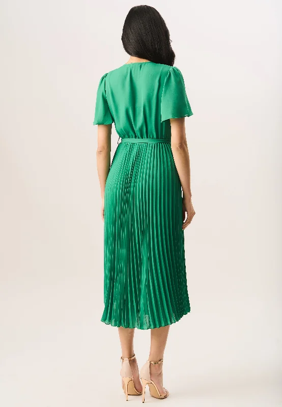 Green Angel Sleeves Pleated Midi Wrap Dress