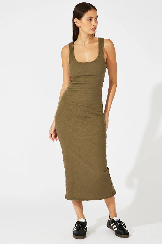 Green Midi Dress Sleeveless Bodycon Rib