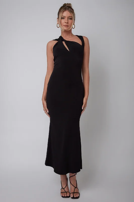 Karyl Shoulder Sash Midi Dress Black