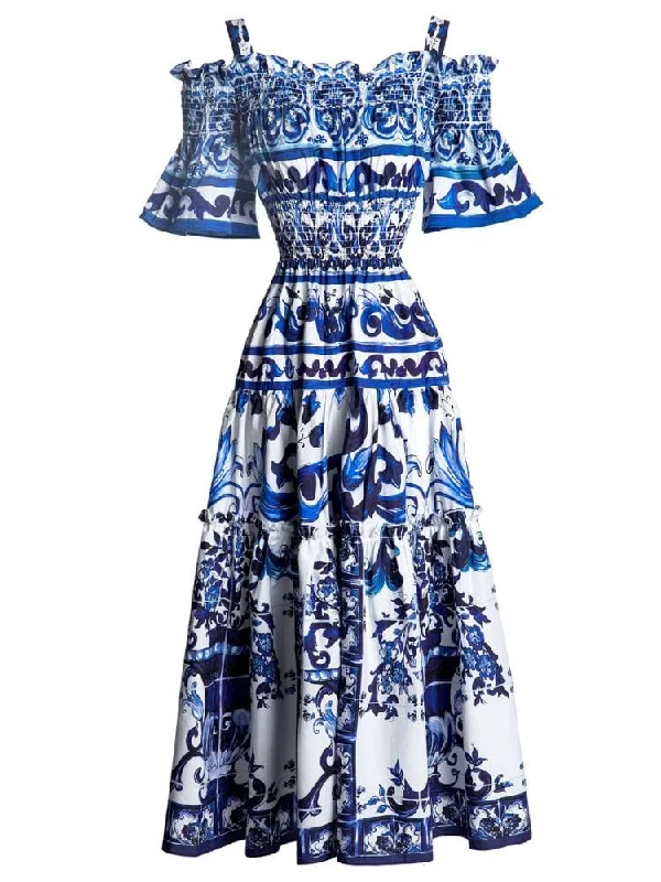 Kim Off Shoulder Print Midi Dress - Blue Print