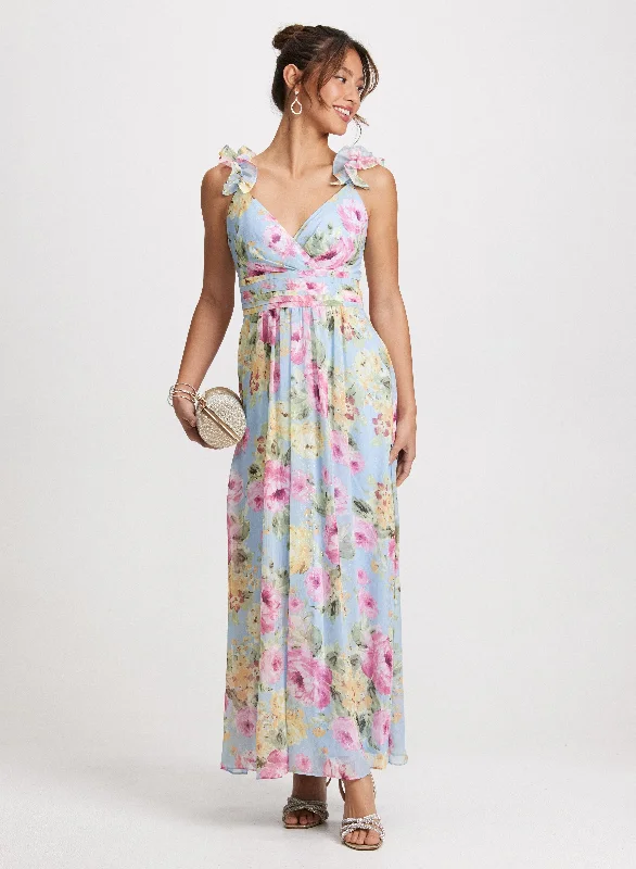 Long Ruffled Shoulder Floral Dress