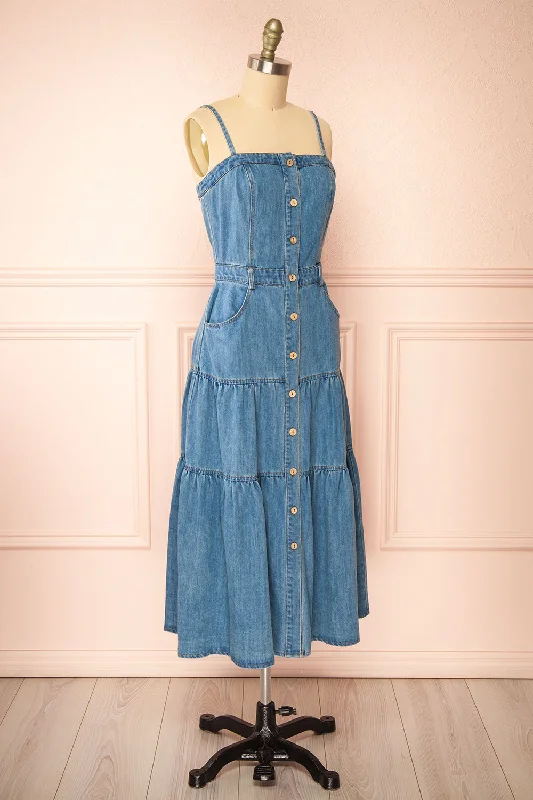 Moprina | Long Blue Denim Dress w/ Pockets