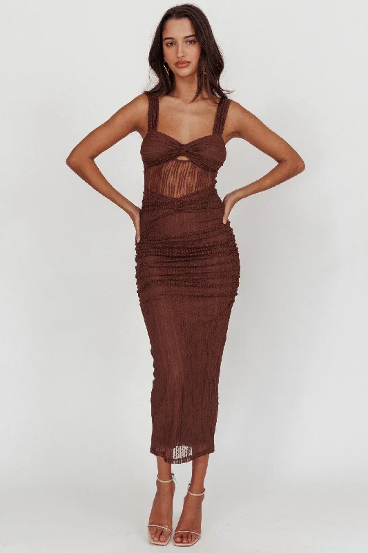 Oliana Embroidered Mesh Midi Dress Chocolate