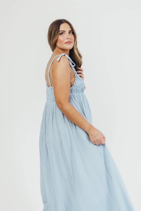 100% Cotton Almeria Smocked Maxi Dress with Self-Tie Straps in Light Blue - Bump Friendly