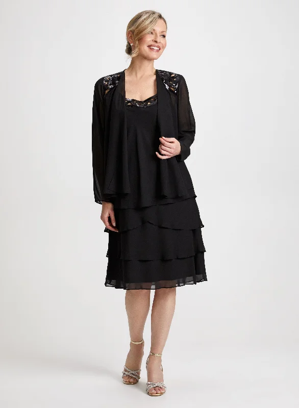 Sequin Trim Chiffon Dress & Jacket Set