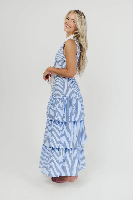 Sutton Striped Button-Down Maxi Dress with Ruffled Skirt in Blue/White