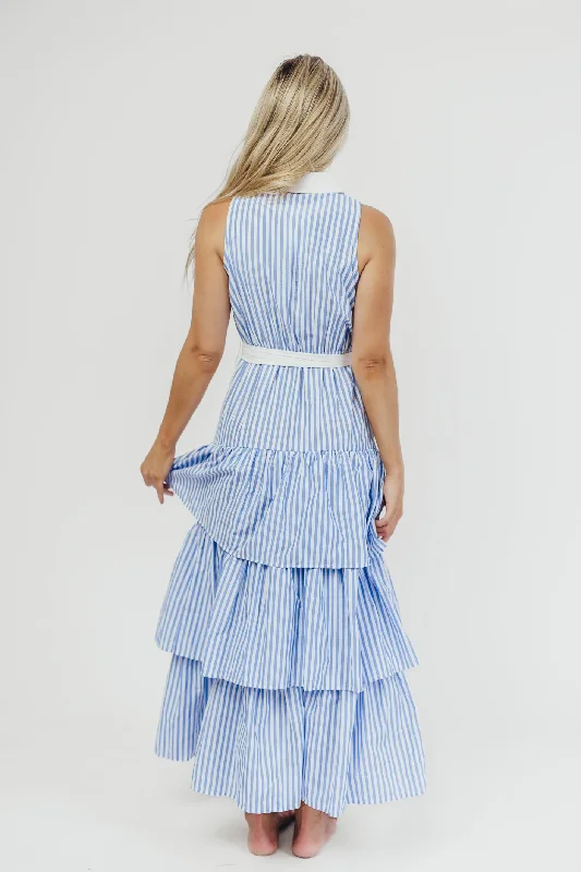 Sutton Striped Button-Down Maxi Dress with Ruffled Skirt in Blue/White