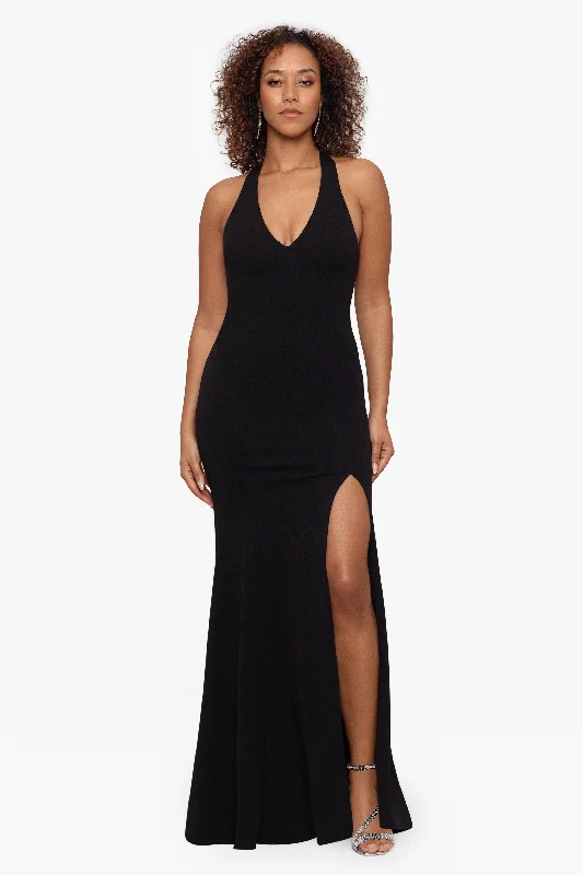 ""Malika"" Long Scuba Crepe Halter Neck Open Back Dress