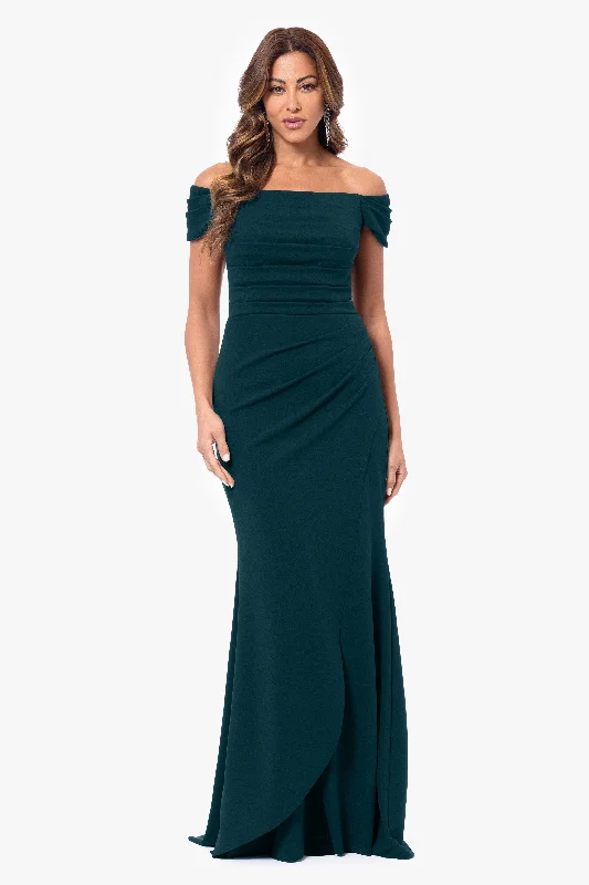 ""Dani"" Long Scuba Crepe Off the Shoulder Rouched Dress