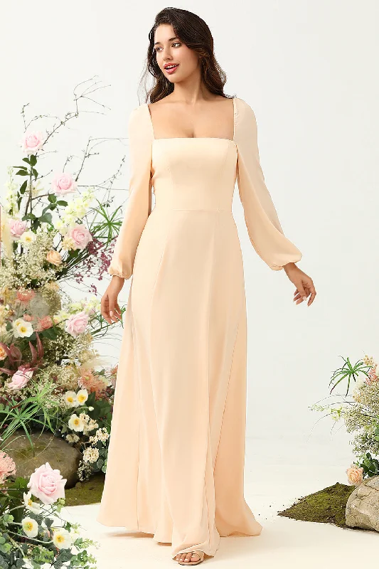 A Line Square Neck Peach Long Bridesmaid Dress with Sleeves