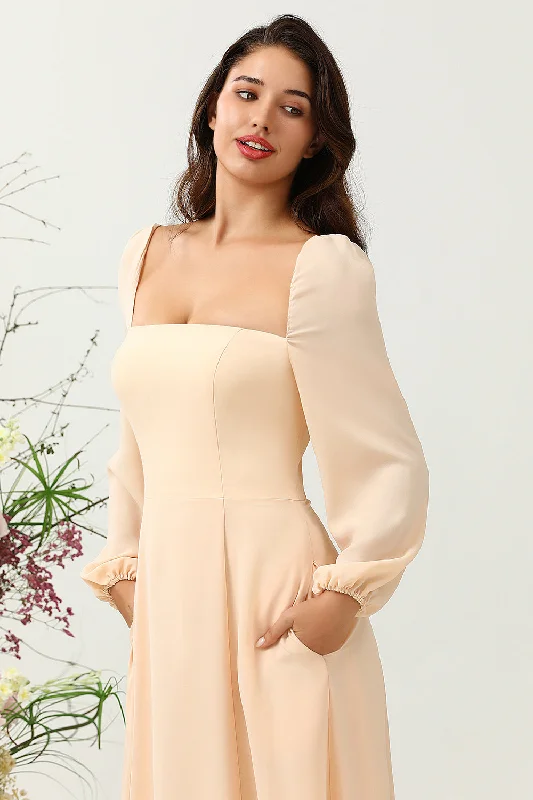 A Line Square Neck Peach Long Bridesmaid Dress with Sleeves