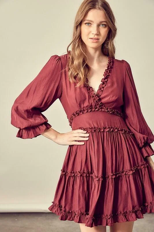 Adele Merlot Wine Ruffle Mini Dress