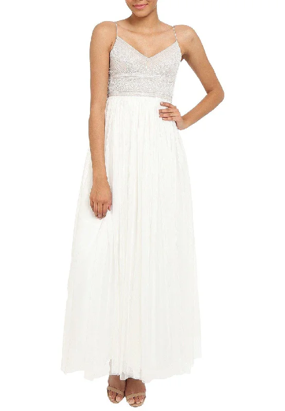 White Sleeveless Beaded Tulle Maxi Dress