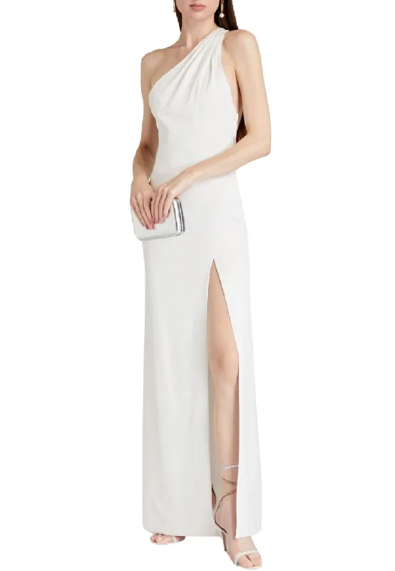 White Paulette One Shoulder Open Back Satin Gown