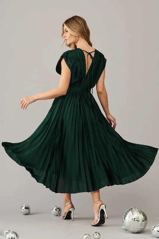 Anetta Midi Dress In Pleated Emerald Satin