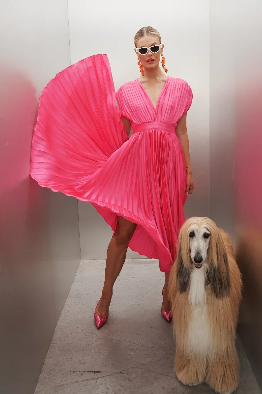 Anetta Midi Dress In Pleated Hot Pink Satin